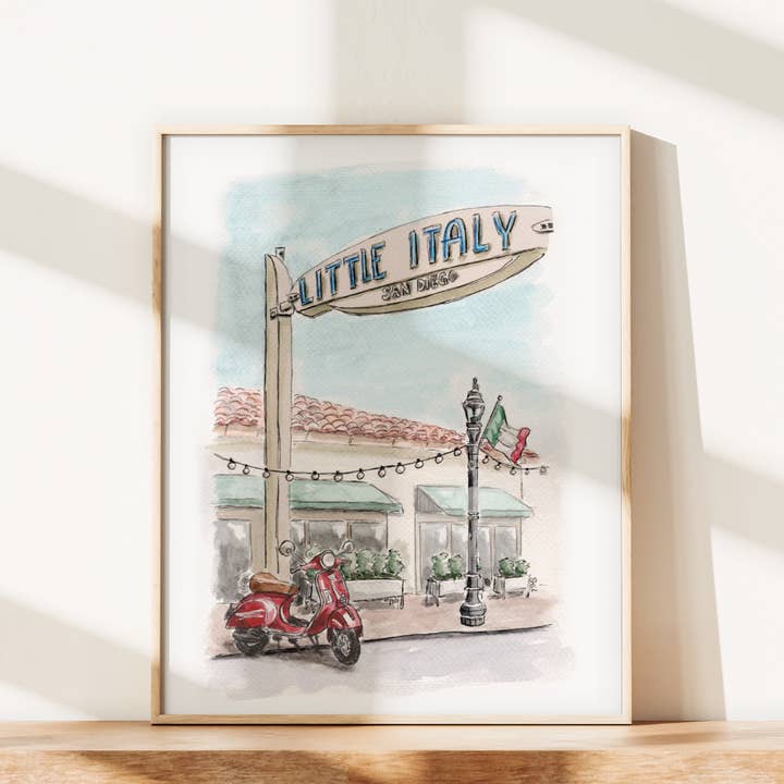 Rêves de Vespa dans la Petite Italie Art Print – Aquarelle de San Diego pour la vente par Swil Arts