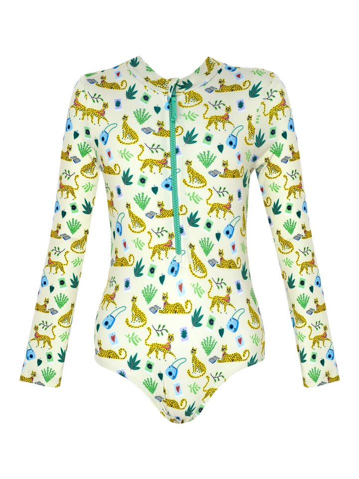Leopard Print UPF50+ Girls Long Sleeve One Piece for wholesale by Daring Littles