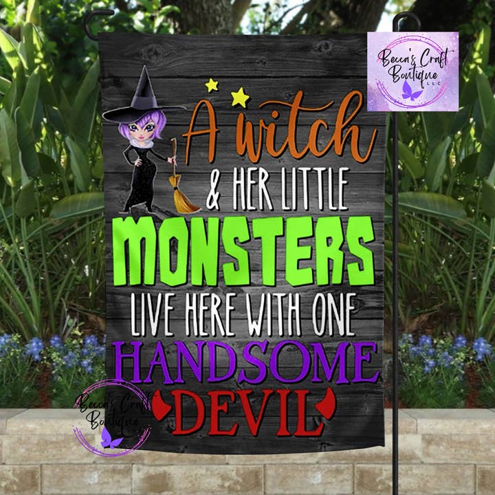 a witch and her monsters garden flag for wholesale by Becca's Craft Boutique