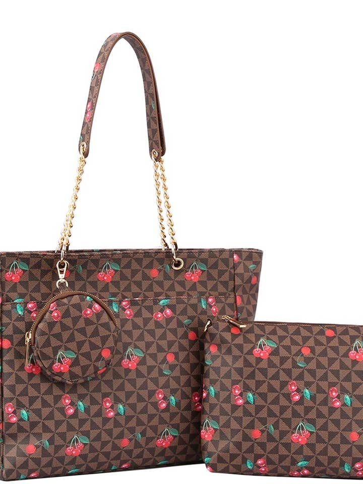 Set di borsa monogramma ciliegia 3 in 1 con pochette e portamonete per la vendita all'ingrosso da parte di Pink Irene Wholesale