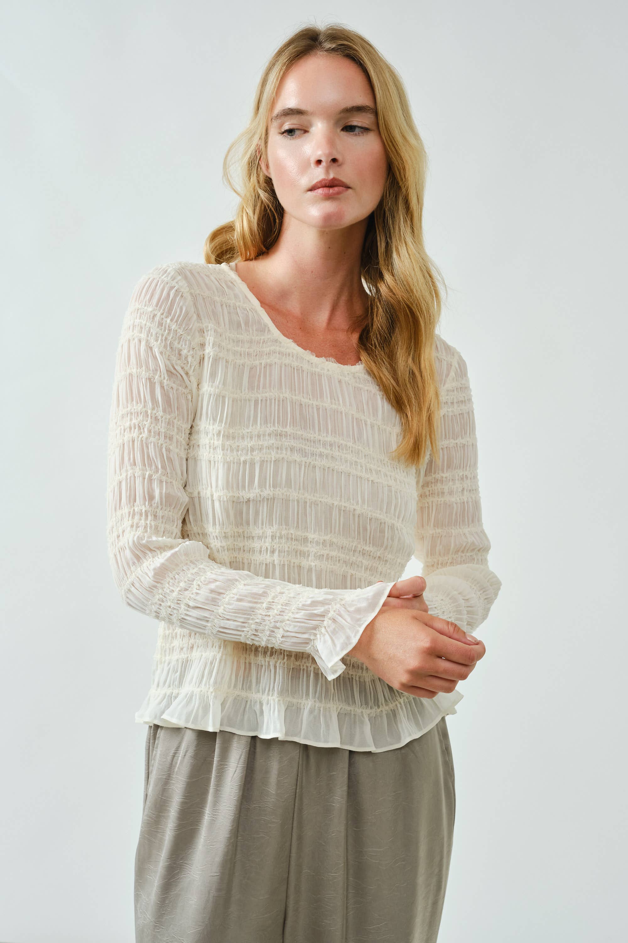 Aaron & Amber - Wholesale Knit Top - Women's - AJT5432 LACE DETAIL SHEER SMOCKING TOP18