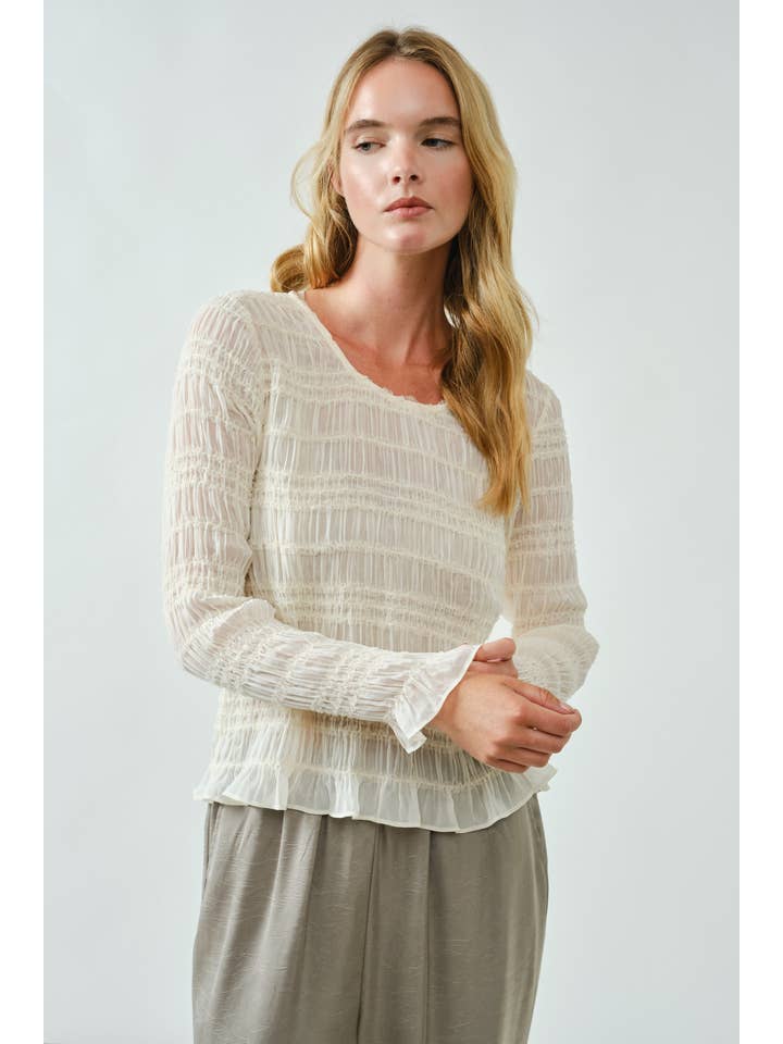 Aaron & Amber - Wholesale Knit Top - Women's - AJT5432 LACE DETAIL SHEER SMOCKING TOP18