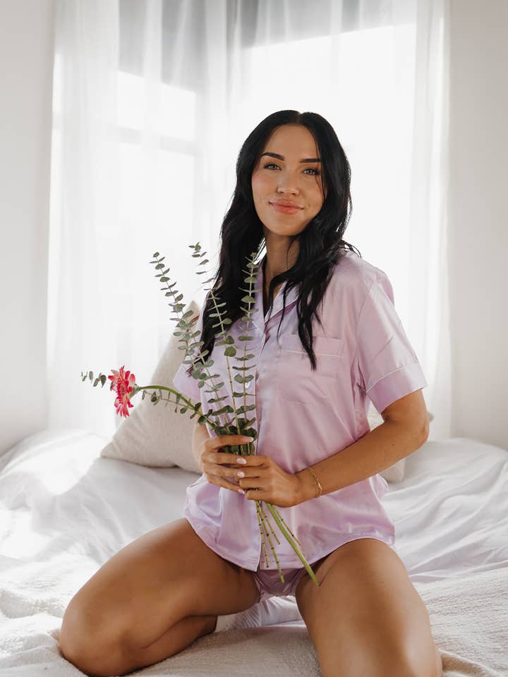 Spikes and Seams - Wholesale Sleepwear Set - Women's - Lavender Pajamas, purple satin pajamas, luxe silky pajamas