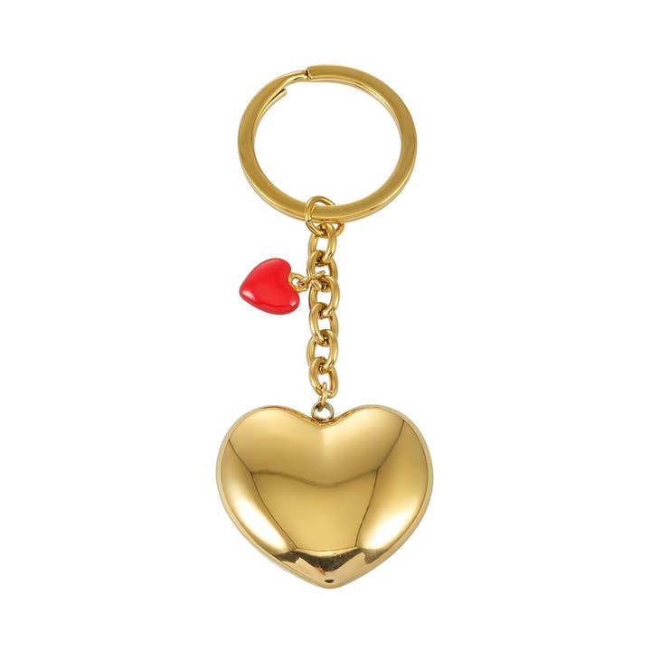 AKAMAI Gold: Golden Heart Charm Key Ring with Red Enamel Accent for wholesale by HACKNEY NINE