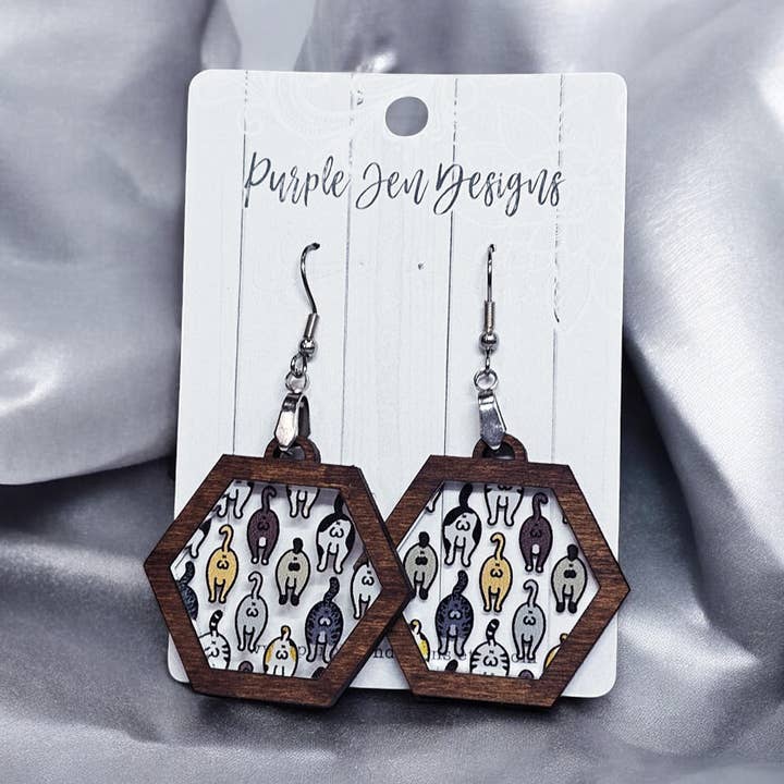 Funny cat butt earrings – Wooden & acrylic statement jewelry for wholesale by Jennifer Hughey