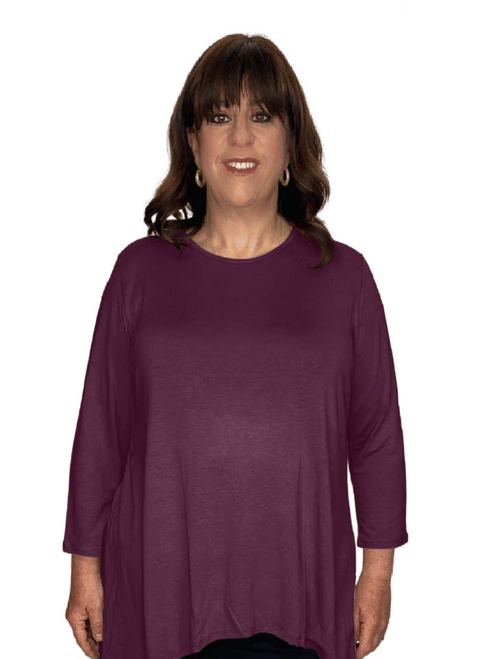 Modest Handkerchief Tunic Top - 3/4 Sleeve Comfort Flow Design for wholesale by Kosher Casual