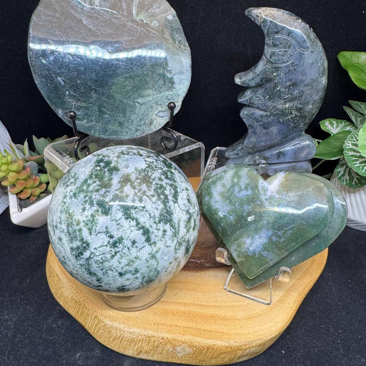 4 pc Moss agate sphere slab heart moon bundle G701 for wholesale by The 7 Directions