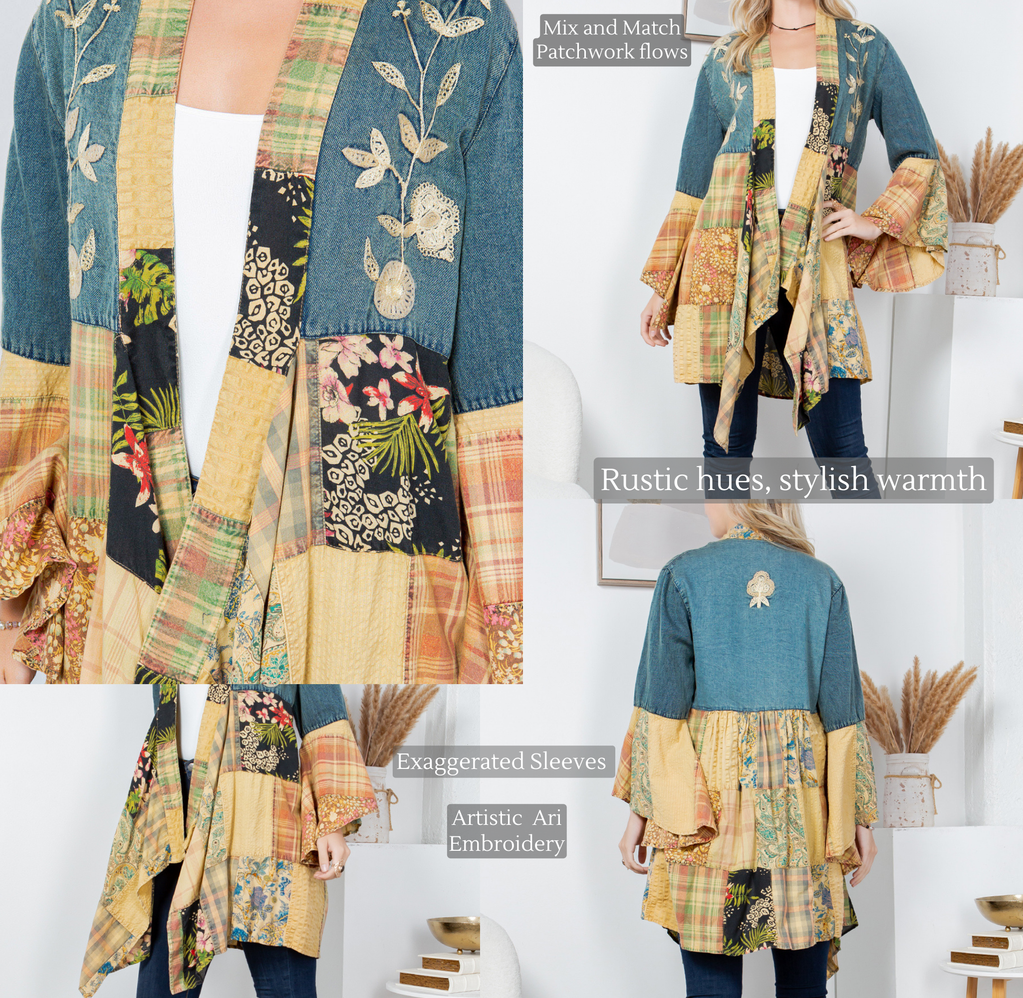 Young Threads – Großhandel Kimono – Damen – Westlicher Boho-Chic: Motivbestickter langer Jeans-Cardigan (NEU)5