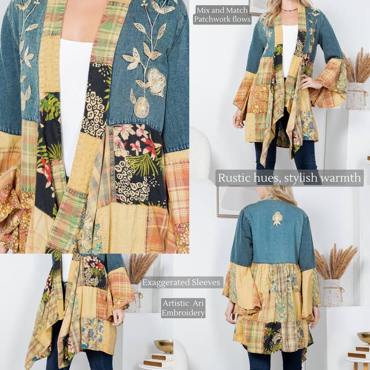 Young Threads - Wholesale Kimono - Women's - Western Boho Chic: Motif Embroidered Denim Long Shrug (NEW)5