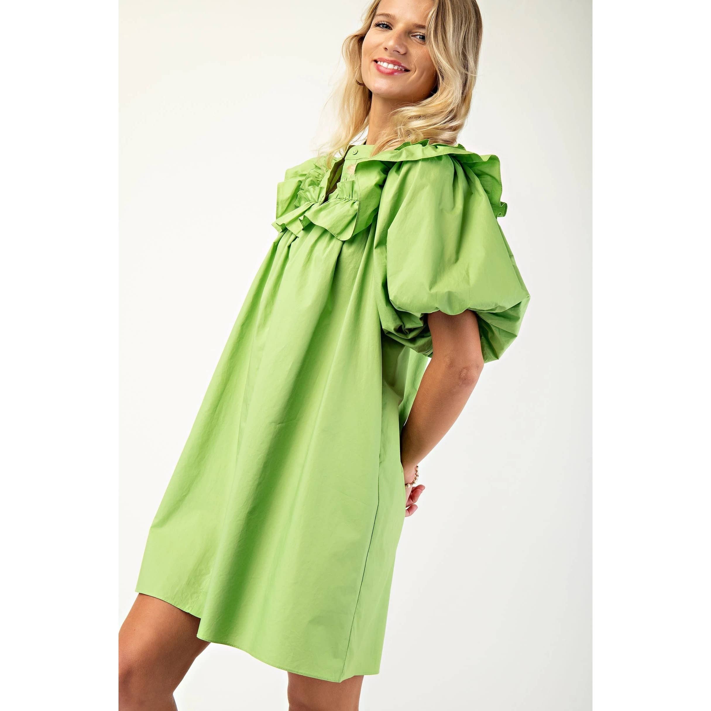 BNS - Wholesale Dress - Women's - Puff Sleeve Mini Dress w_Mandarin Collar n Ruffle1