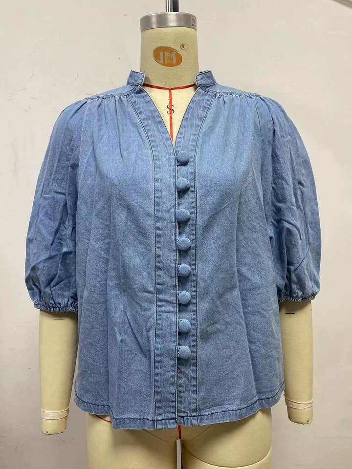 Hope & Sunshine - Wholesale Button Down Shirt - Women's - Lantern Sleeve Denim Shirt6