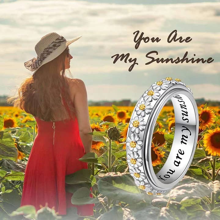 Perimade & Co. LLC - Wholesale Multi-Stone Ring - Daisy Flower Anxiety Fidget Spinner Ring in Solid Copper