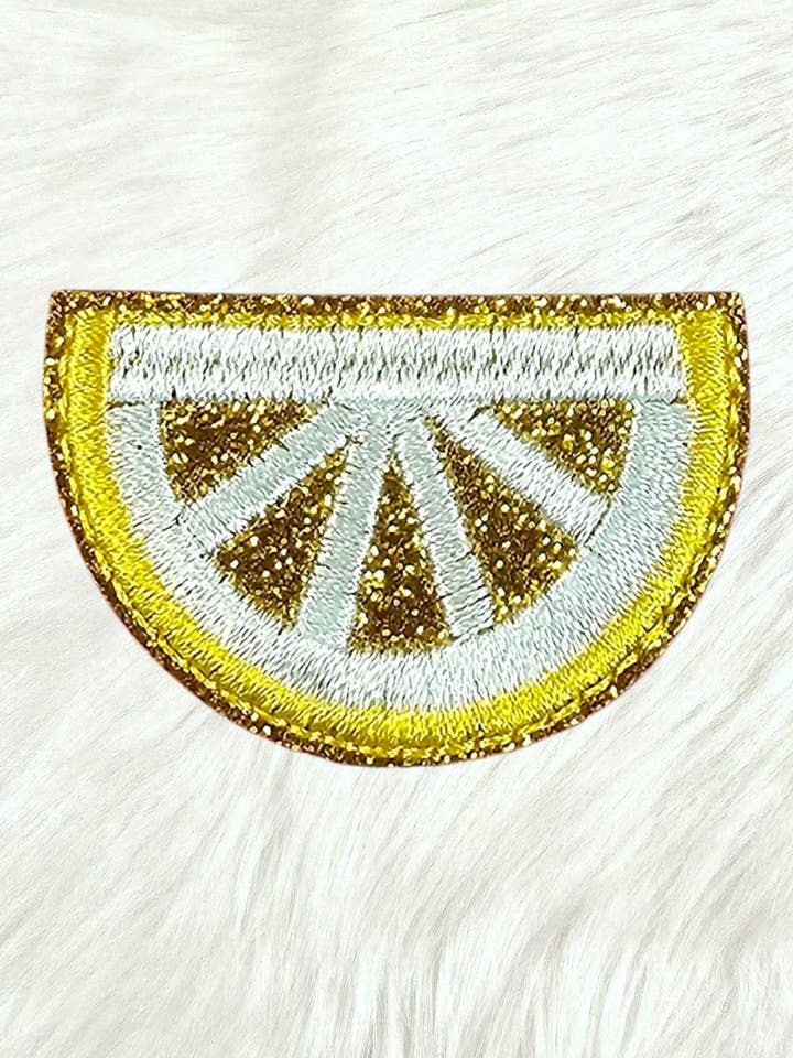 Lemon Wedge Slice Embroidery on Glitter Iron On Patch for wholesale by Scratch Decor