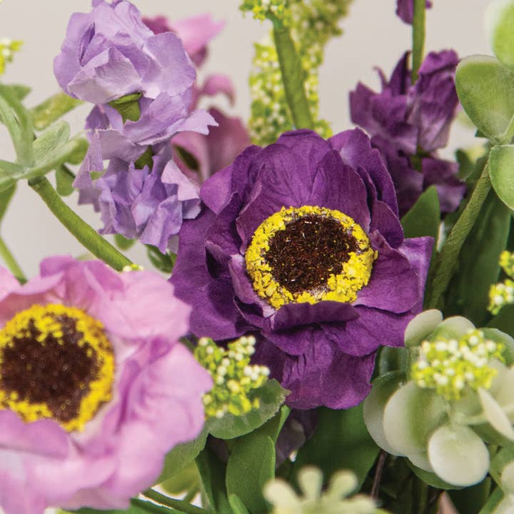 Saybrook Lane - Wholesale Artificial Flowers - Lavender Zinnia & Wildflowers in Metal Pot - 8.5"H