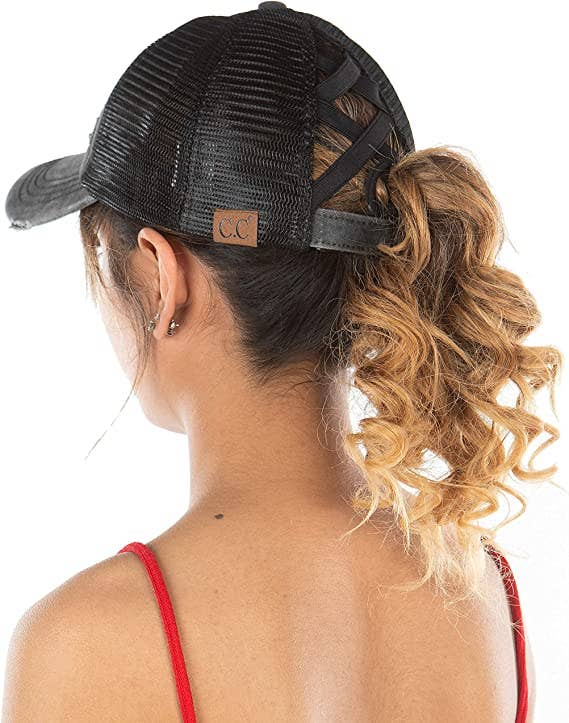 Funky Junque - Wholesale Ponytail Cap - Women's - Criss Cross Ponycap - American Flag (Black)2