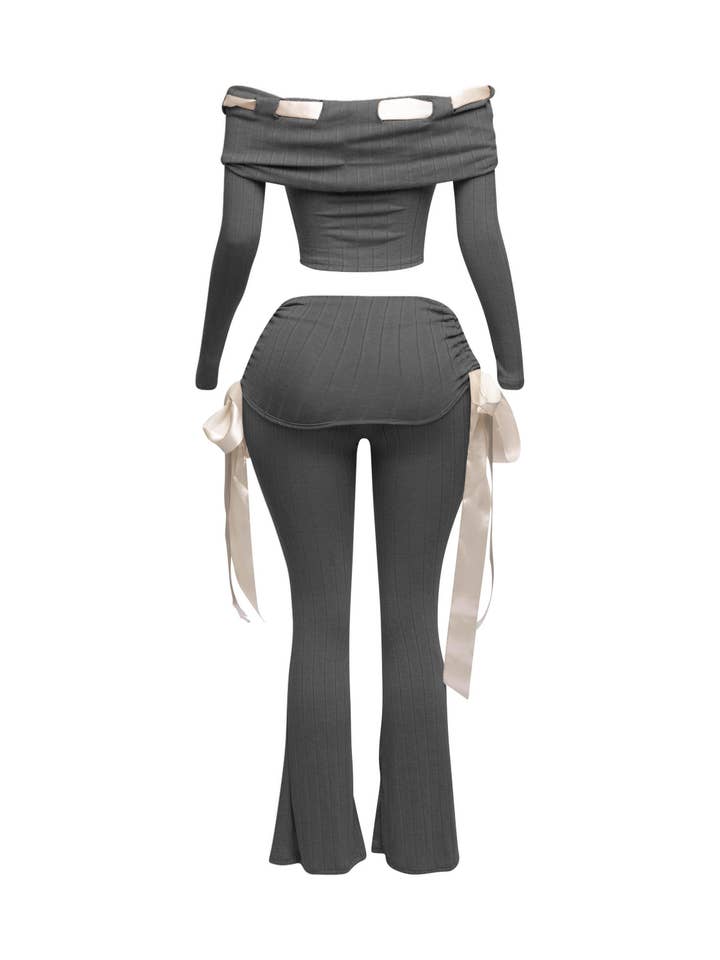 K Too - Wholesale Top & Pant Set (NOT Loungewear) - Women's - Off shoulder ribbon trim detailed top & pants set5