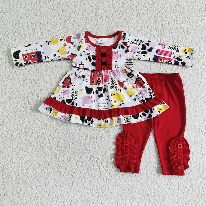 Baby Girls farm fall red legging tunic clothes sets for wholesale by Aier Wholesale