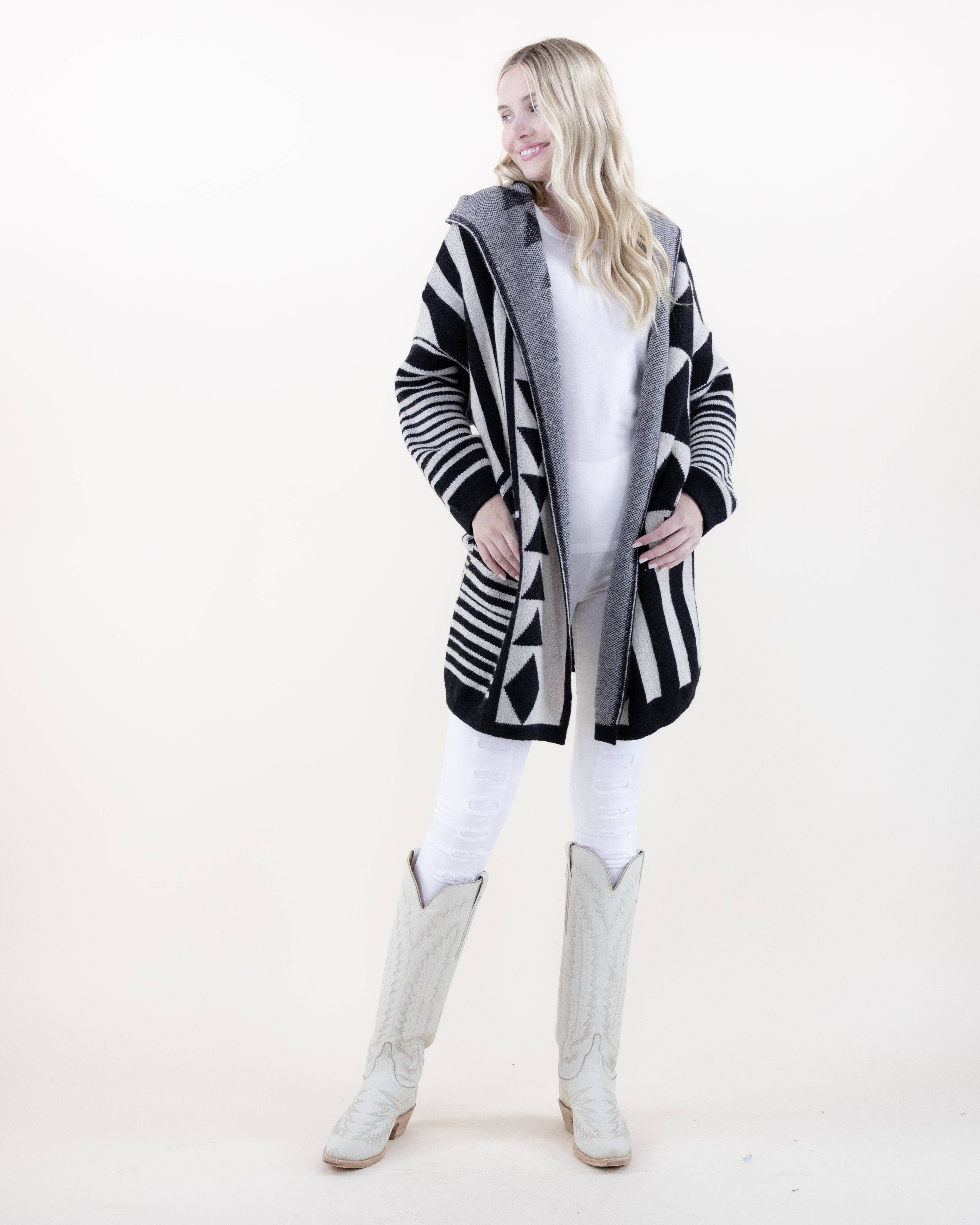 Original USA - Wholesale Cardigan - Women's - Comfy & Oversized Geometric Hooded Cardigan0