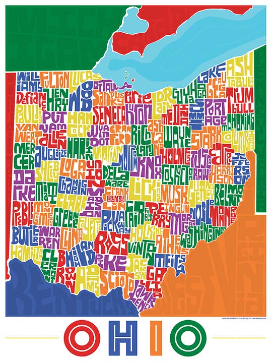Ohio Counties Type Map for wholesale by LOST DOG art & frame