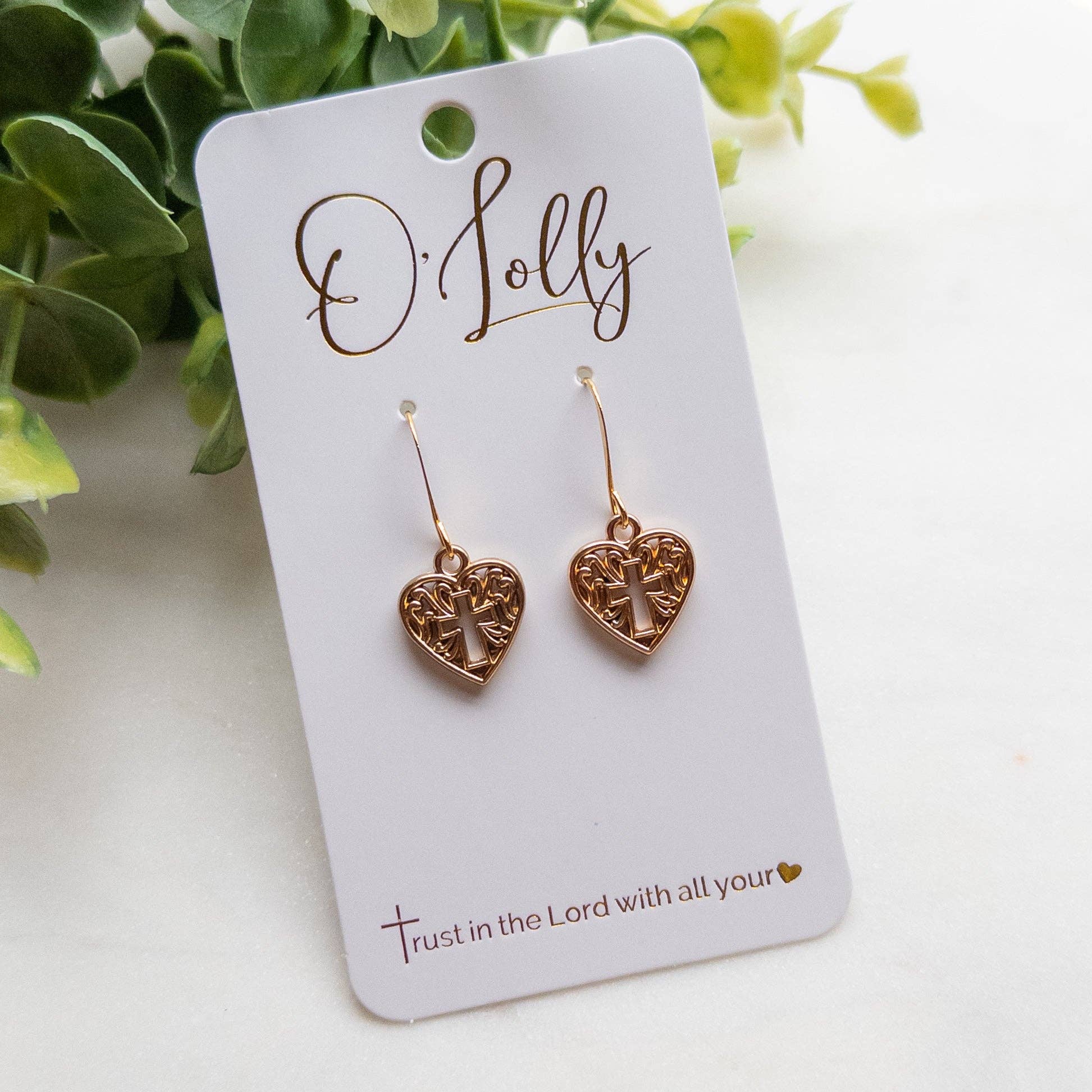 O’Lolly Jewelry - Wholesale Dangle Earrings - Gold Heart Mini Earrings w/Hallow Cross0