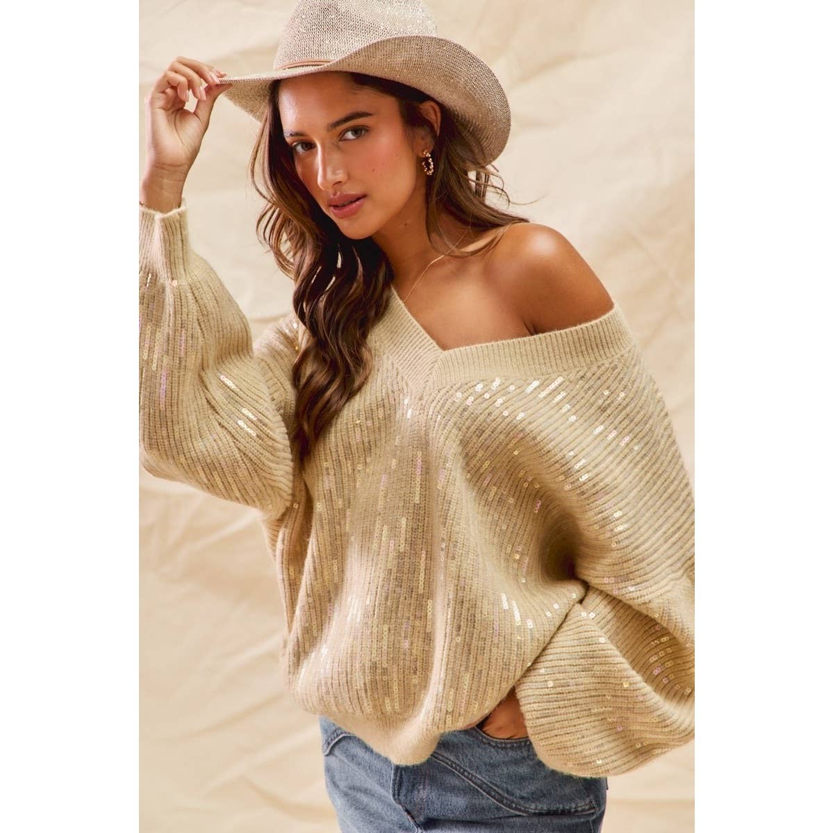 IVE - Vente Pull en maille – femme - Haut Pull de Noël à Col en V avec Paillettes Transparentes de Vacances8