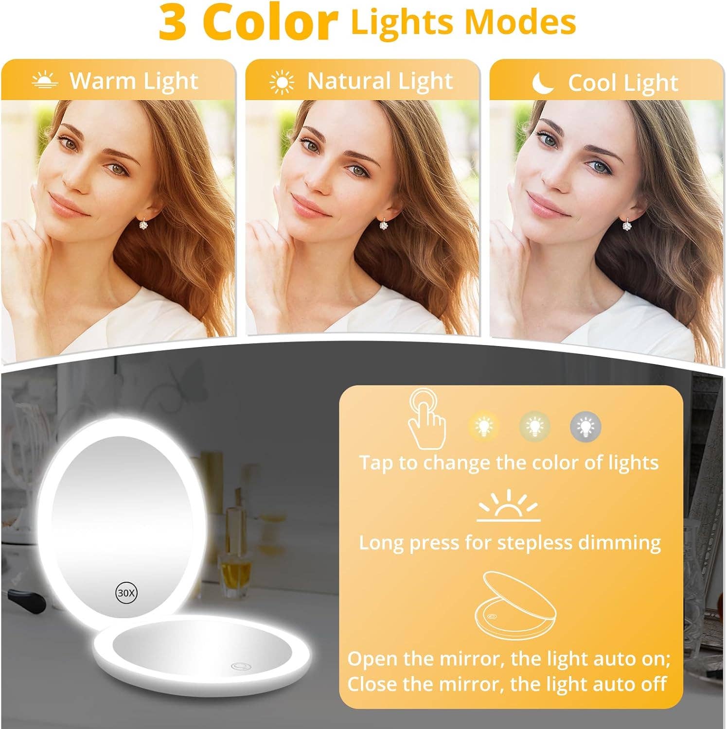  Pack Mix Match Colors  Led Lighted Folding Small Mirror with 3 Color Light for wholesale on Faire6