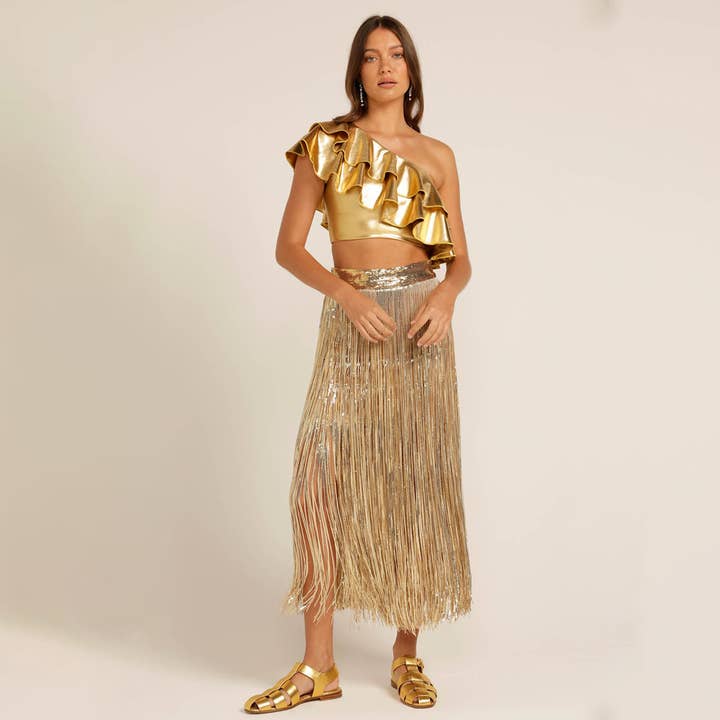 Love, Bonfire the Label - Wholesale Skirt - Women's - Where Women Glow Gold Sequin Fringe Skirt7