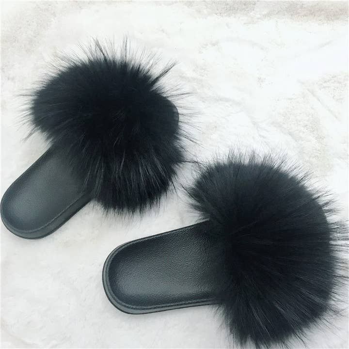 FurDecoration - Venta al por mayor Zapatillas para casa - Mujer - Pompones esponjosos de piel de mapache para mujer y niña