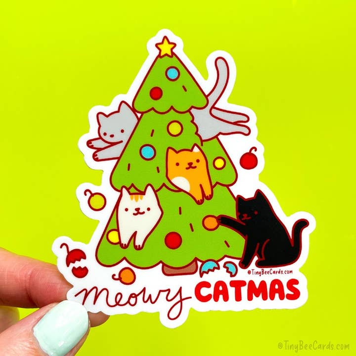 Cats Christmas Tree Vinyl Sticker - Meowy Catmas for wholesale by Tiny Bee Cards