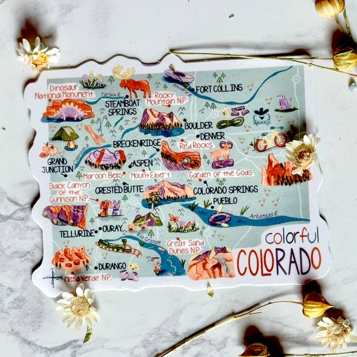 Colorful Colorado Map Vinyl Stickers for wholesale by Quirks of Art co.