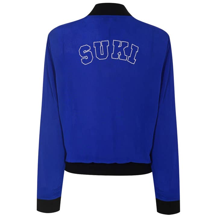 Veste Jamie personnalisée bleue et blanche pour la vente par Uzma Bozai