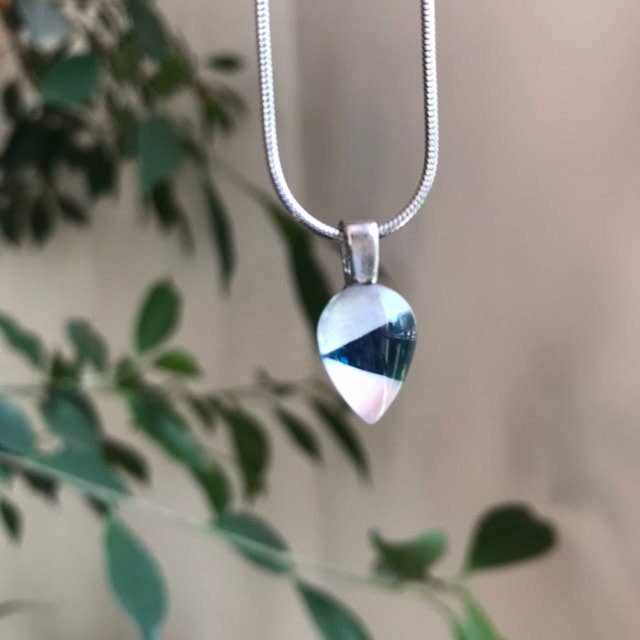 Hand Painted Glass Blue Steel and Pink Tear Necklace for wholesale by Azurine