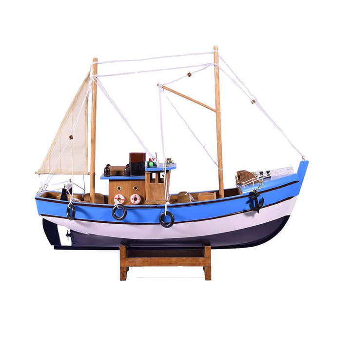 giftland - Venta al por mayor Artículo decorativo de mesa - Barco de pesca de madera azul claro 40cm