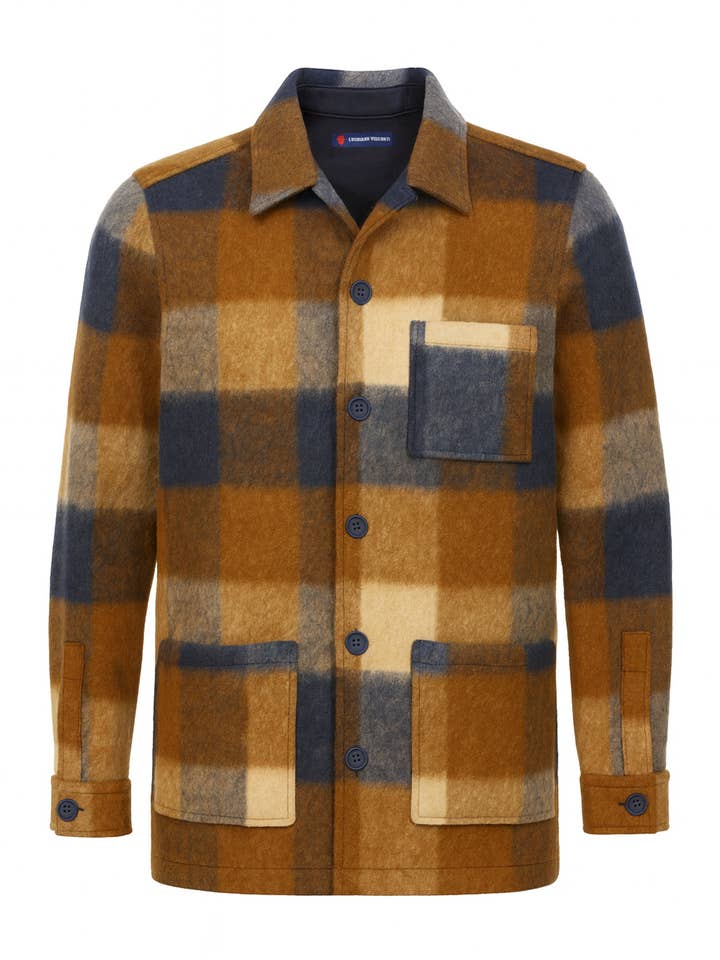 Sobrecamisa de Lã Xadrez Castanha, Azul-Marinho e Bege por atacado de Luchiano Visconti