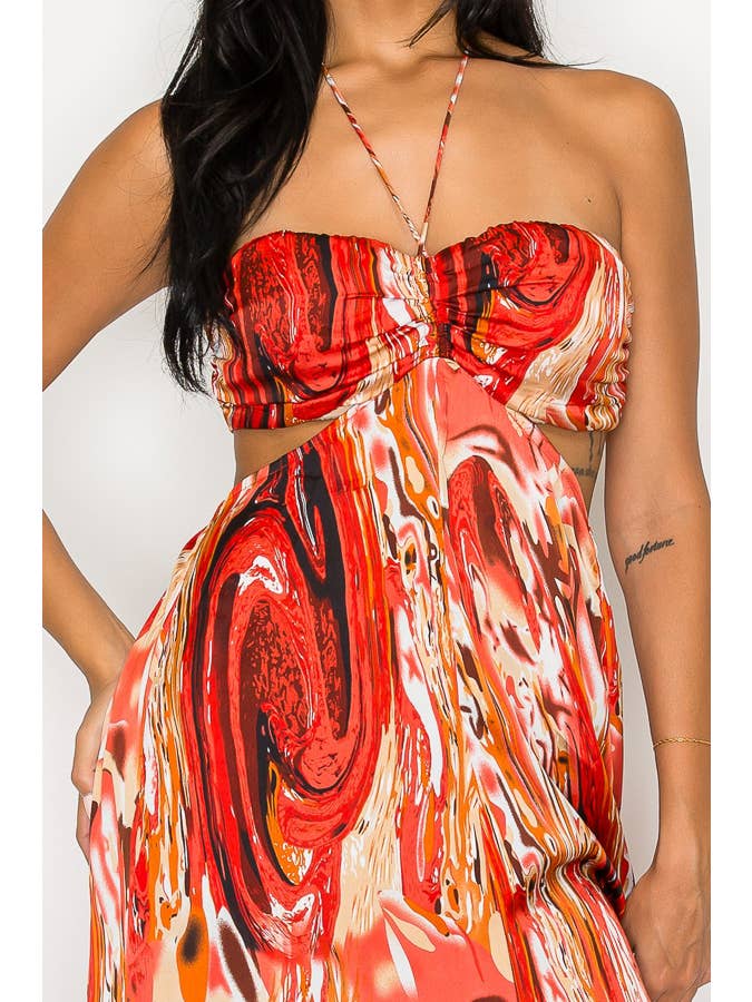 ARRUGGINIRE MAXI ABITO IN RASO STAMPATO CON SPACCO SUL PETTO DM2720 in vendita all'ingrosso su Faire2