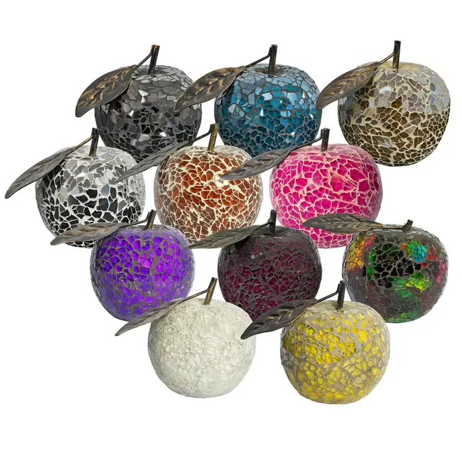 Febland – wholesale Decorative tabletop object – Mosaic Glass Apple with Leaf - Set of 6 - White1