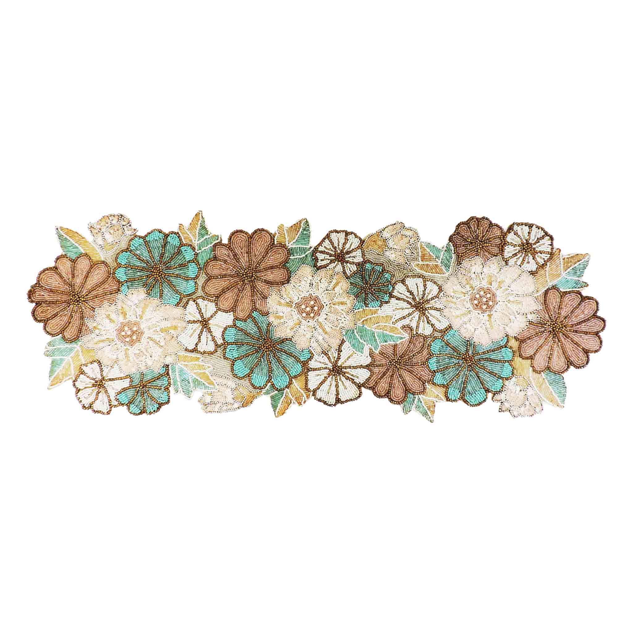 Autumn Blooms Bead Embroidered Table Runner in Teal & Grey for wholesale on Faire2