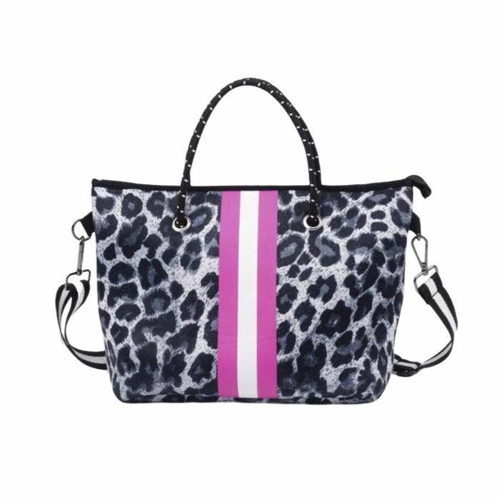 Babs + Birdie - Wholesale Tote Bag - Women's - The Lucia Neoprene Med. Tote - Snow Leopard with Pink Stripe0