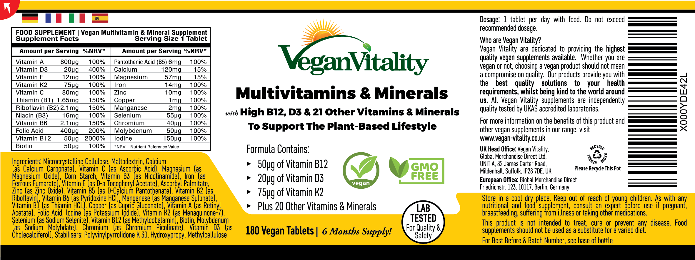 Vegan Vitality – Suplemento/vitamina oral por atacado – Multivitaminas e minerais veganos com alto teor de B12, D3 e K29