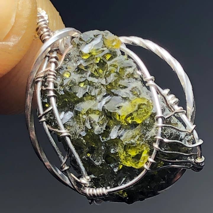 Zincite Silver Wire-Wrap Pendant, Chamunda Mantra Infused for wholesale by Wildheart Crystals