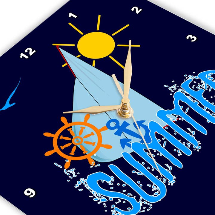3dRose - Wholesale Wall Clock - 3dRose, Sea, sailing theme illustration, text Summer, blue background, Wall Clock2