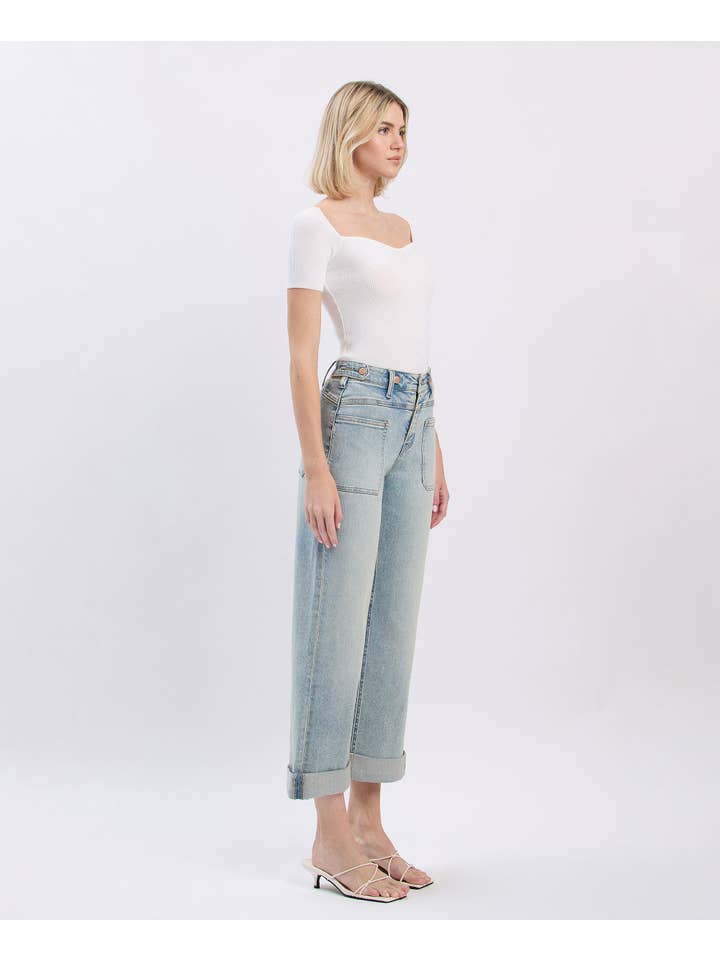 COMMISIONER SUPER HIGH RISE TAB WAISTBAND CUFF SLIM WIDE JEANS F6000 for wholesale on Faire