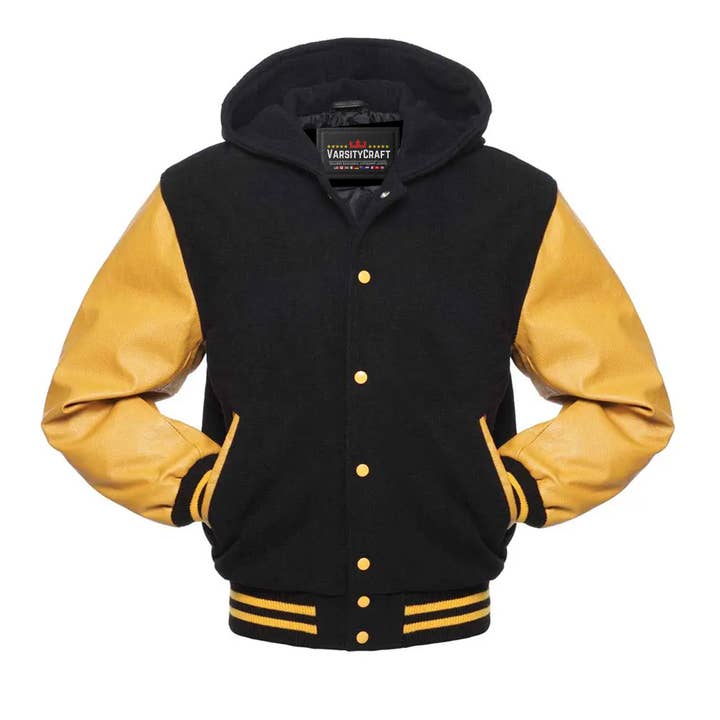 Black Wool & Gold Leather Sleeves Hoodie Letterman Jacket for wholesale by Varsity Craft