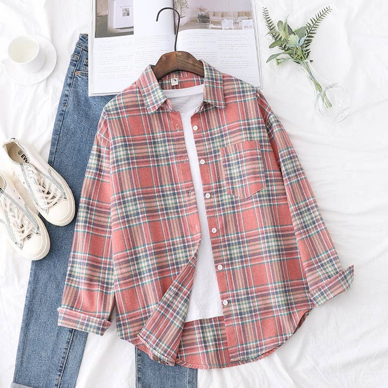 Rosa Clothing - Wholesale Button Down Shirt - Women's - Essential Basic Relaxed plaid cotton blend button-down shirt7