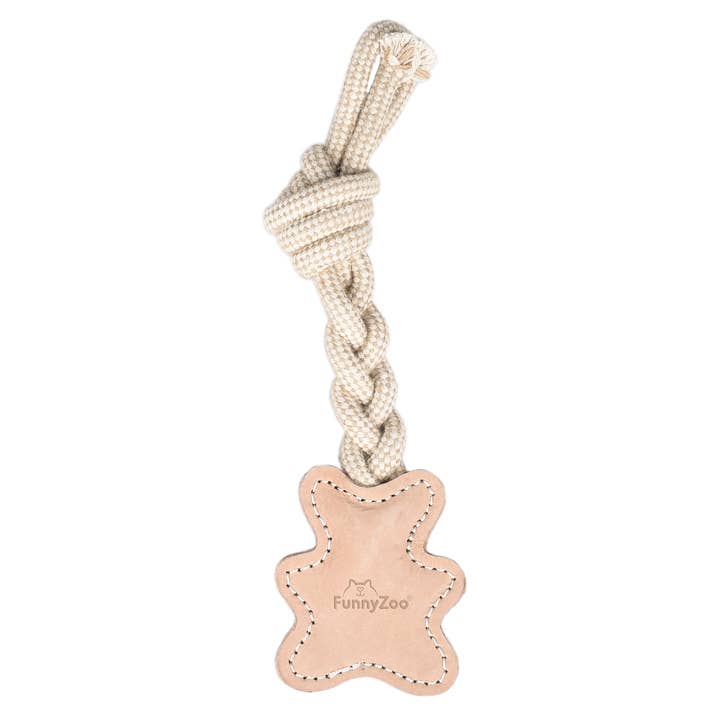 Natural toy for dogs LEATHER BEAR with rope for wholesale by Funny Zoo