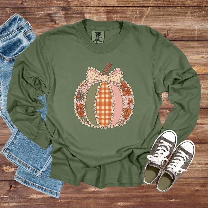 Fall Patchwork Lace Pumpkin Halloween Tee for wholesale by Aint Just Tees