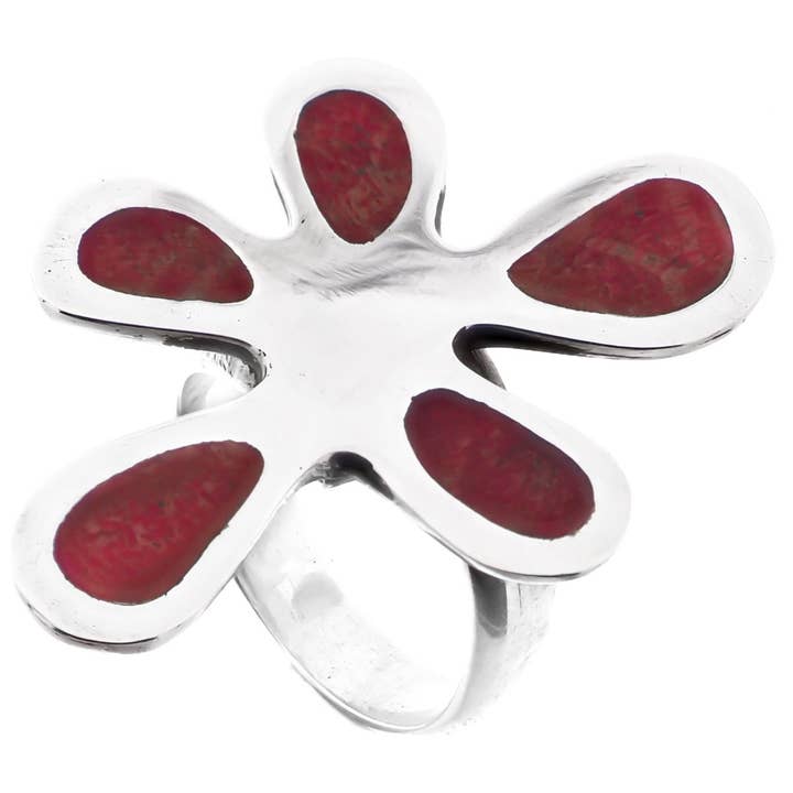 1.4" genuine red coral splatter design in 925 sterling silver adjustable ring for wholesale by FifiRose