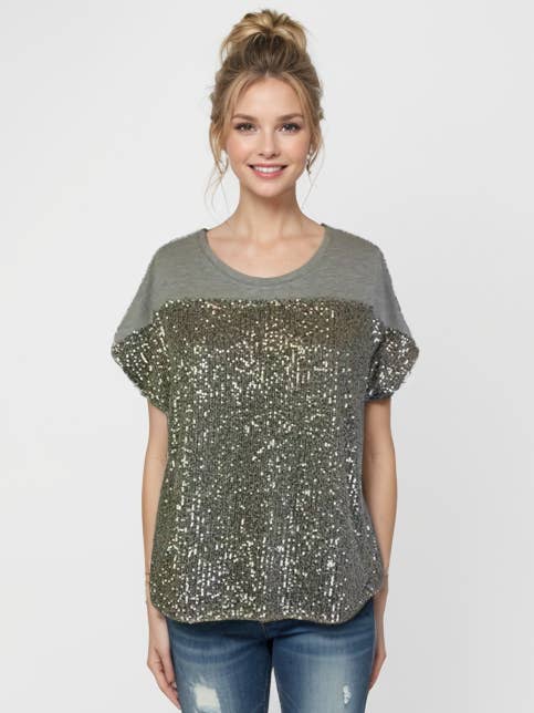 Sequin Front S/S Knit Top D28739 Grey for wholesale by Dantelle Apparel