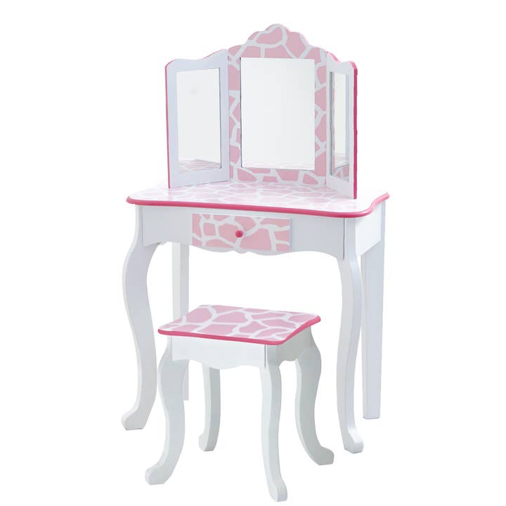 Fashion Giraffe Prints Gisele Play Vanity Set - Pink / White for wholesale by Teamson