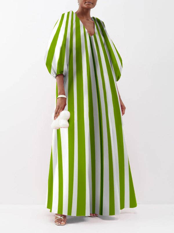Chicto - Wholesale Dress - Women's - Puff Sleeves Three-Quarter Sleeves Striped V-Neck Maxi Dresses